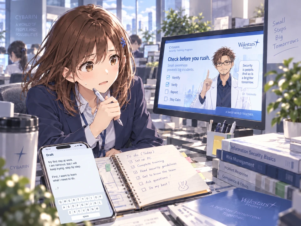 Mana in her navy work suit studies a training screen showing Dr. Tokimoto in his white lab coat.