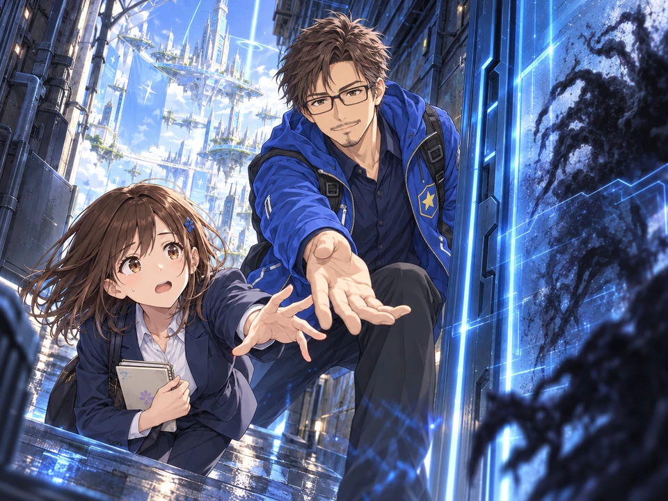 In Cybarin, Dr. Tokimoto in his blue field jacket reaches toward Mana while a barrier holds back a black silhouette.