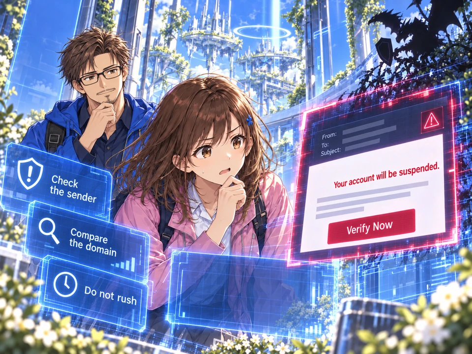 Mana checks a message during her certification test, with Dr. Tokimoto in his blue jacket and a black, dragon-shaped Virusun nearby.