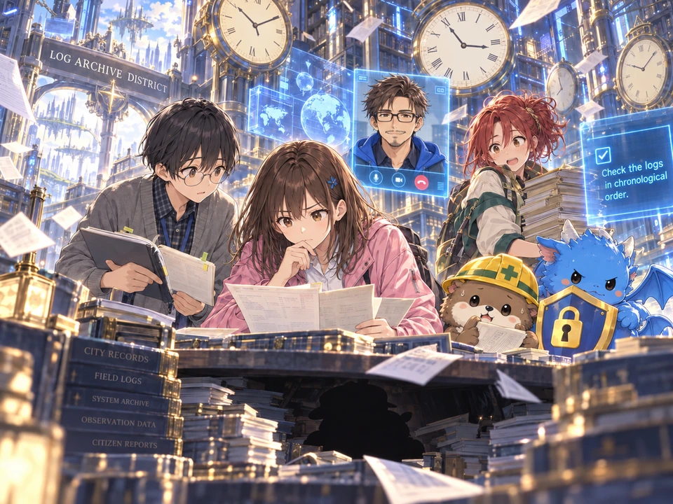 Mana and Sapo compare records; Logrin is still a black silhouette, and Dr. Tokimoto appears on a remote communication screen.