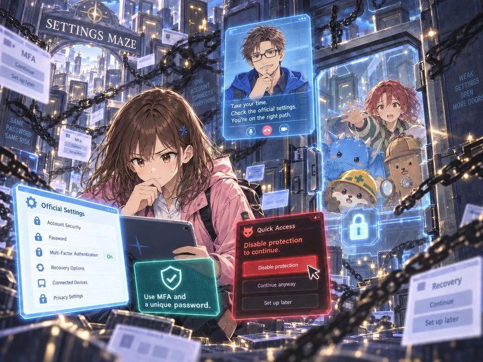 Mana checks the official settings while Yuki is trapped; Dr. Tokimoto gives guidance through a communication screen.