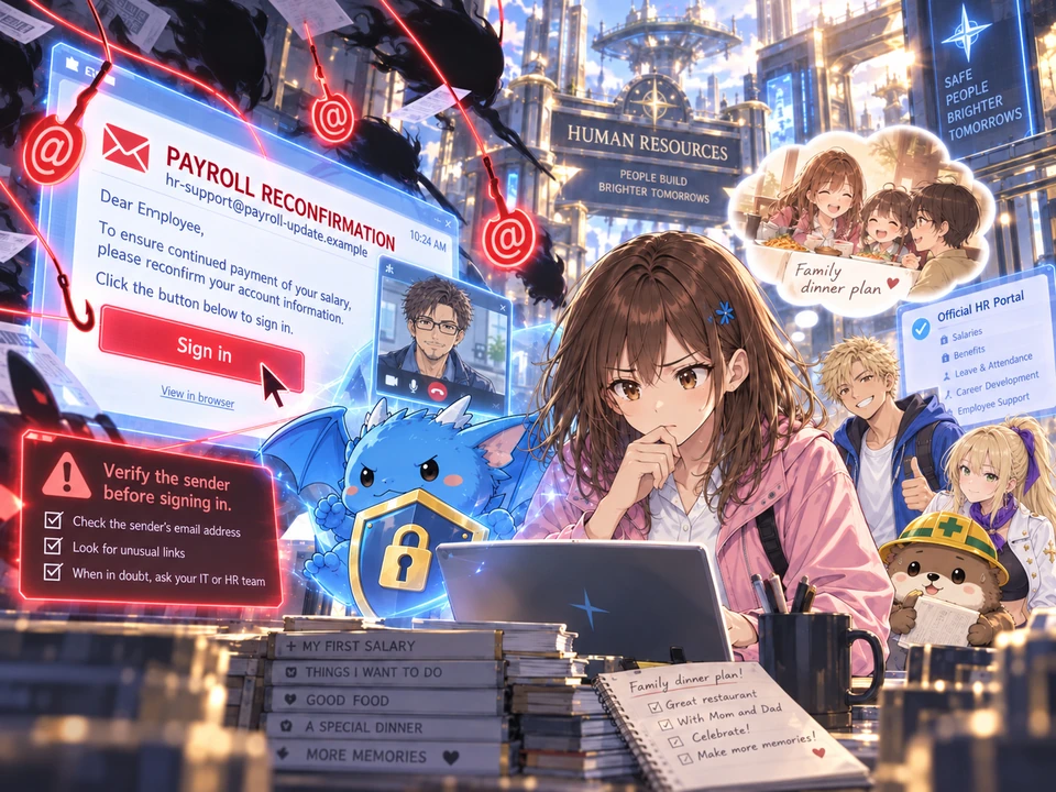 Mana hesitates over a payroll email while remembering a family dinner. Bug and Error assist on site; Dr. Tokimoto joins by video call.