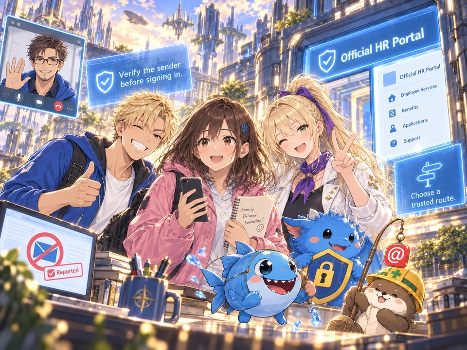 Mana, Bug and Error meet the purified Phishingon, while Dr. Tokimoto watches through a communication screen.