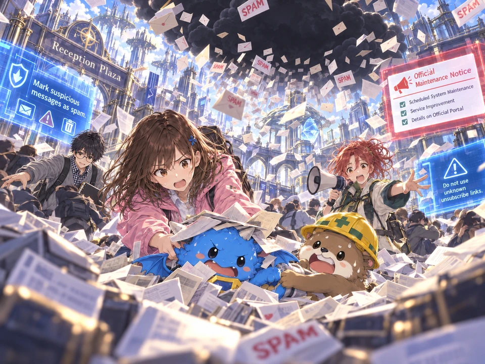 Sapo, Mana and Yuki work together in a plaza flooded with notices beneath a black cloud-shaped Virusun.