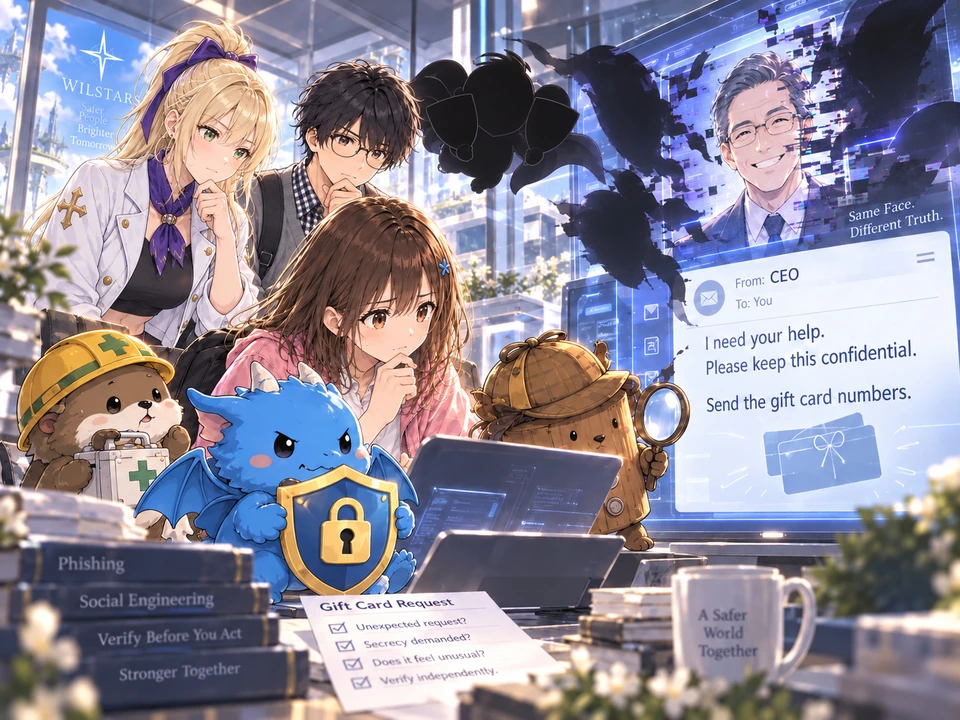 Mana and her companions, including Error, face a secret request and black masked silhouettes near a purported executive.