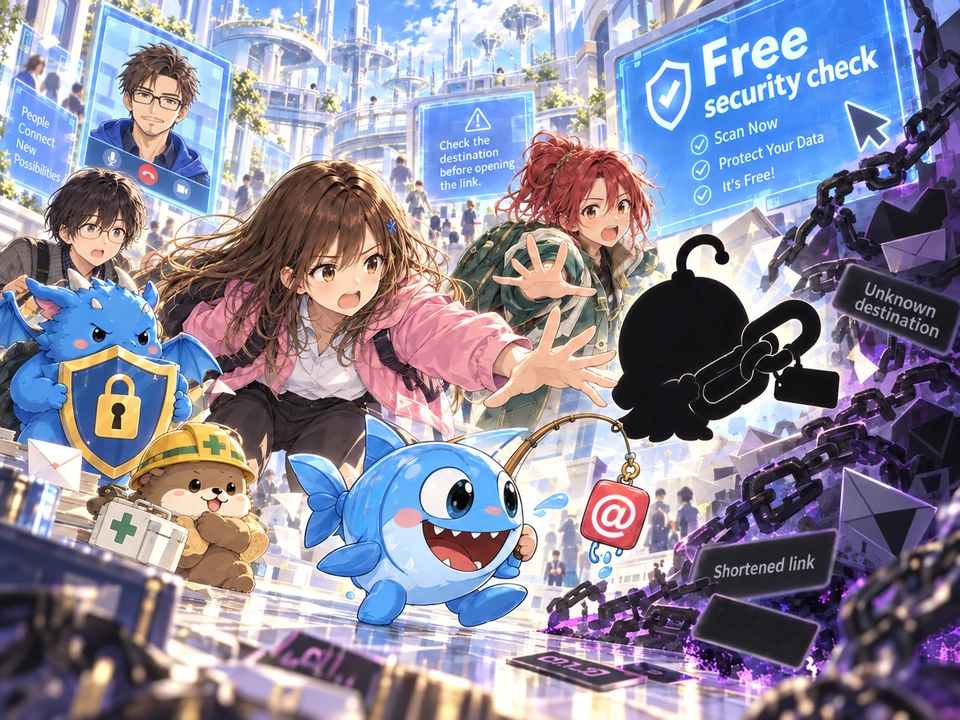 Mana examines a free-check sign and a concealed link destination; Linklar is a black silhouette and Dr. Tokimoto assists remotely.