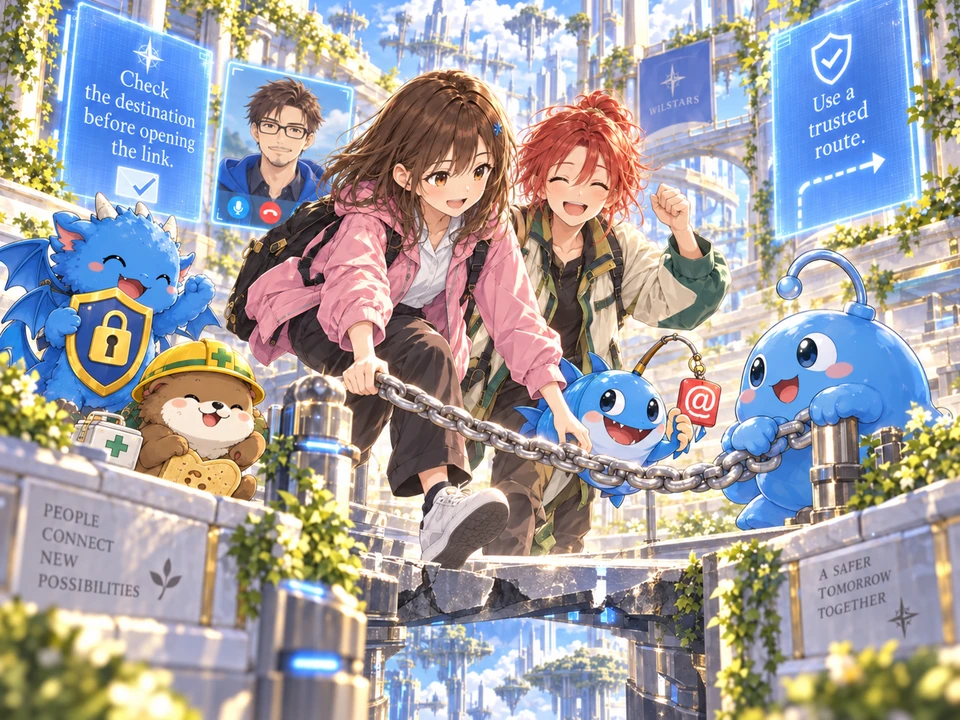 The purified Linklar supports a handrail as Mana crosses back; Dr. Tokimoto remains on a communication screen.