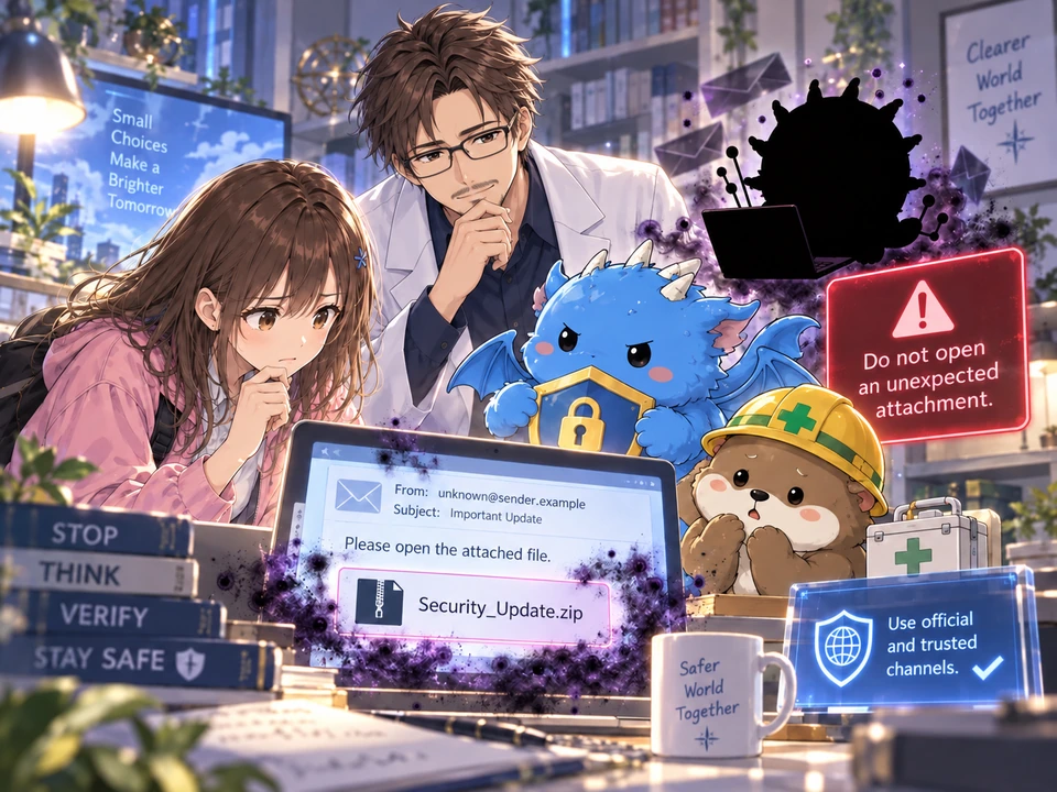 Mana and Dr. Tokimoto, in his white teaching coat, examine an unopened attachment while a black silhouette looms nearby.