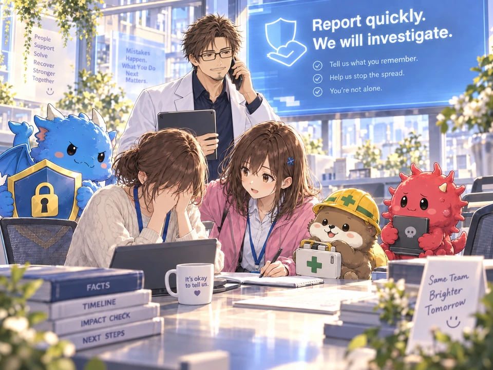 Mana supports someone reporting a mistake while Dr. Tokimoto, in his white coat, contacts the responsible team.