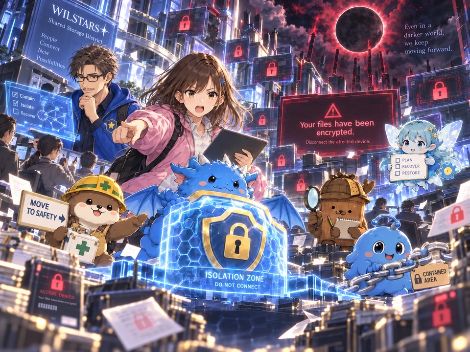 Securidon guards an isolation boundary while Mana and Dr. Tokimoto, in his blue field jacket, respond to a black moon-shaped threat.