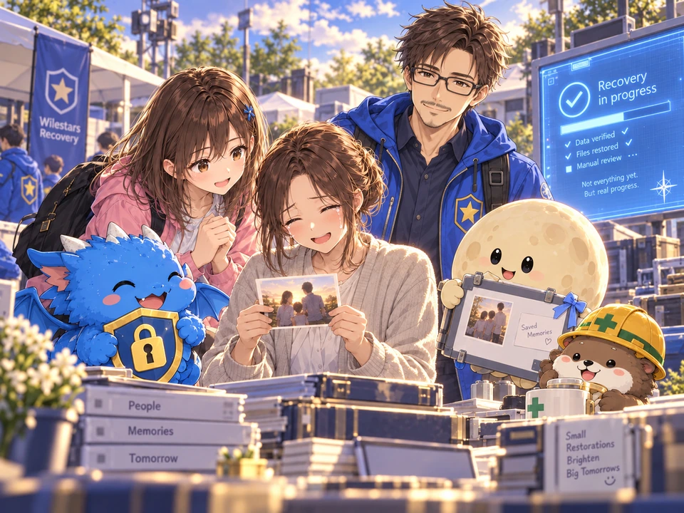 Mana, Dr. Tokimoto in his blue field jacket, and their companions look at a recovered photograph after meeting Ransomoon.
