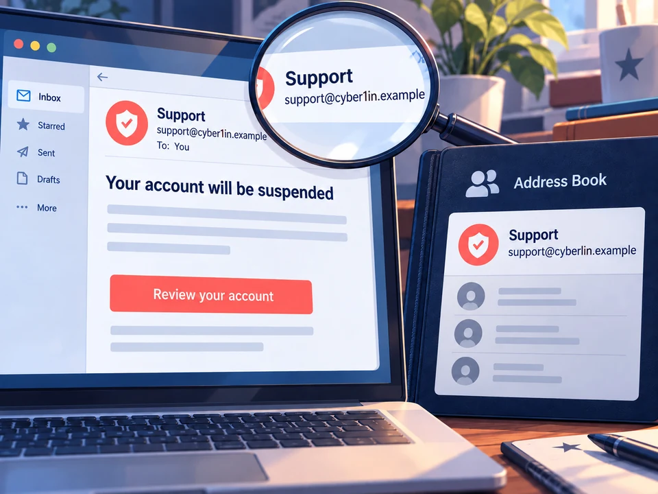A received email shows support@cyber1in.example; a separate address book shows support@cyberlin.example.
