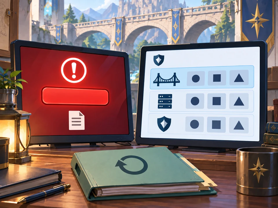 An urgent red update notification stands beside a separate advisory and a recovery folder.