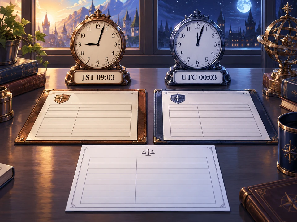 Two original logs show JST 09:03 and UTC 00:03 beside a blank comparison sheet.