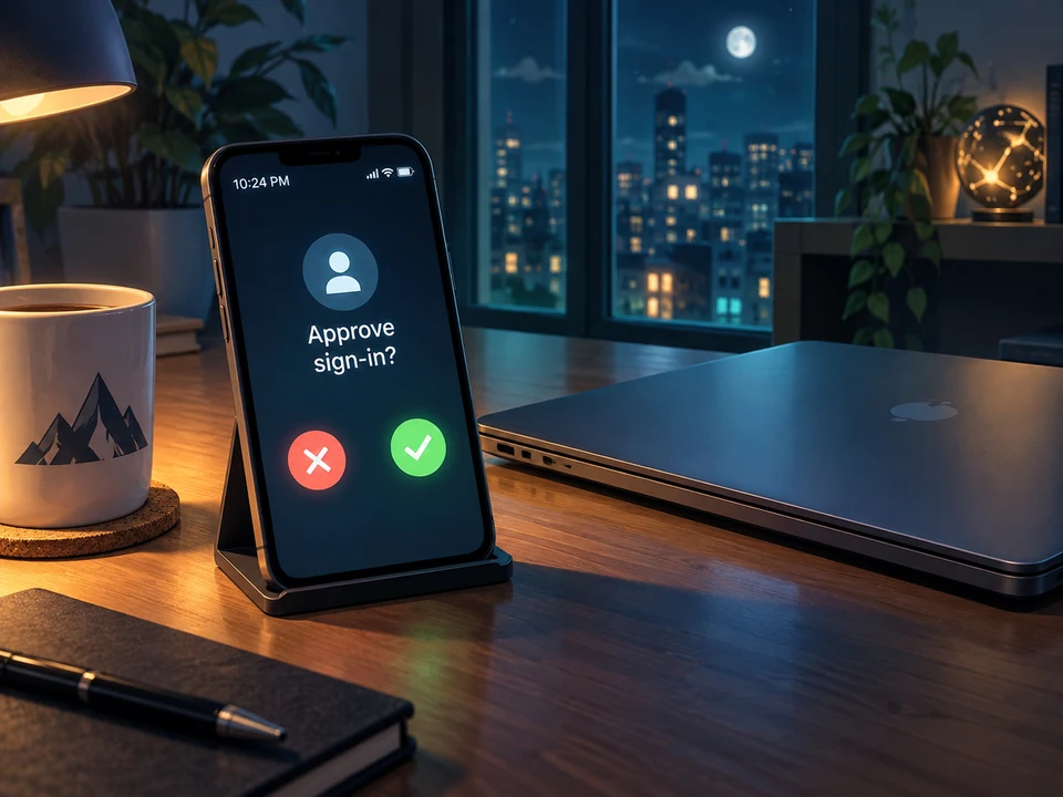 An unexpected sign-in approval appears on a phone beside a closed laptop.