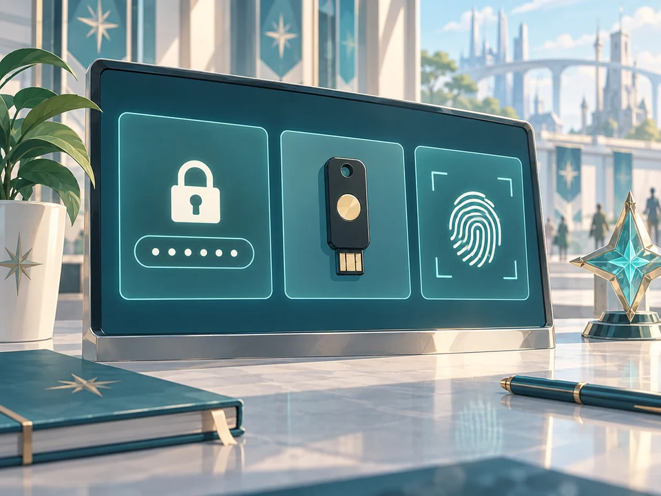 Separate tiles show a remembered secret, a physical token, and a fingerprint.