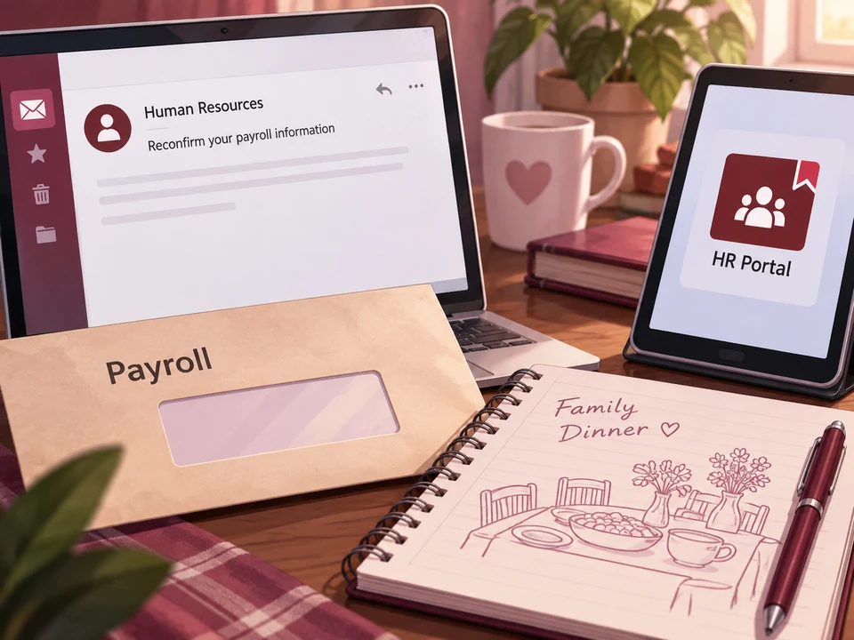 A payroll sign-in request stands beside a separate saved HR portal and a family notebook.