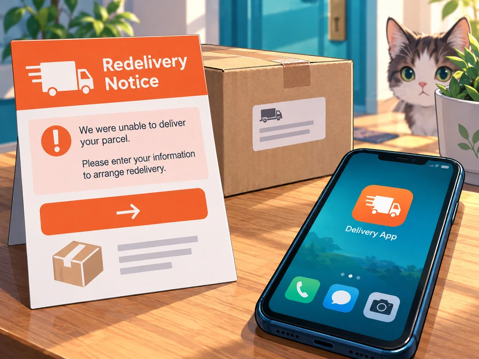 A redelivery notification appears beside a parcel and an existing delivery app.