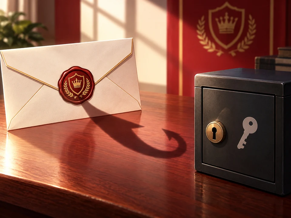 A borrowed emblem on an email casts a hook-shaped shadow toward a key.