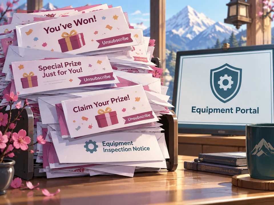 A prize-message pile covers an expected equipment-inspection notice.