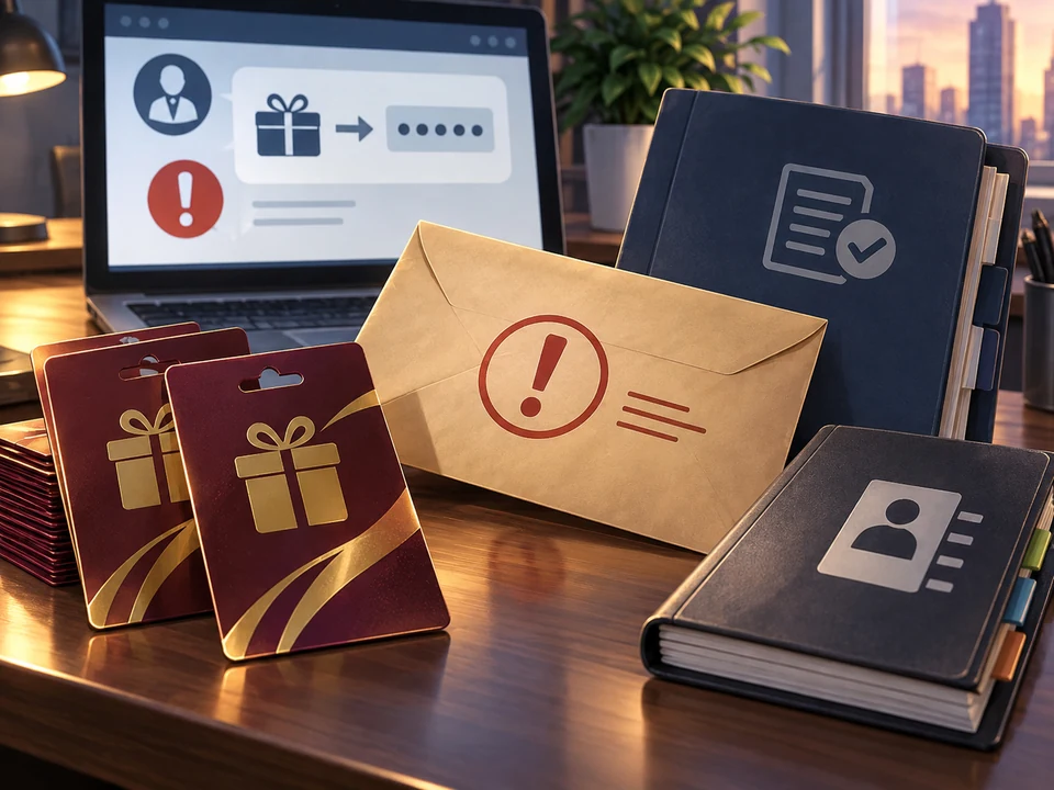 Gift cards and an urgent purchasing request lie beside a separate approval folder and contact directory.