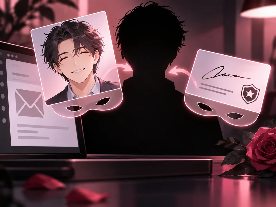 A sender portrait and signature serve as detachable masks over an unknown silhouette.