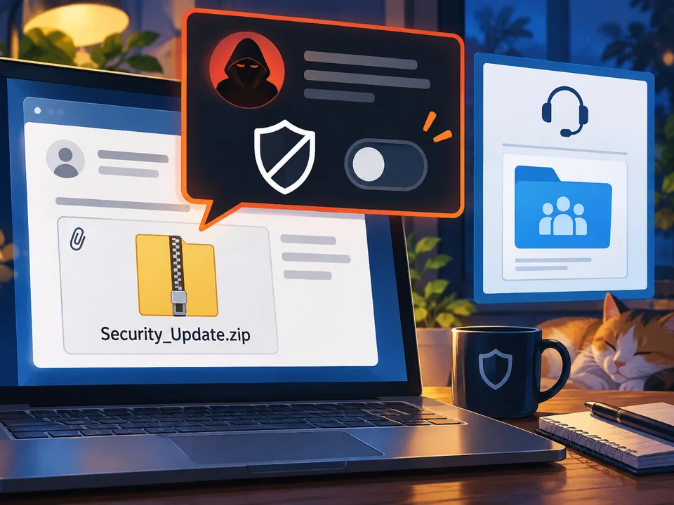 An unopened Security_Update.zip appears beside a request to disable protection.