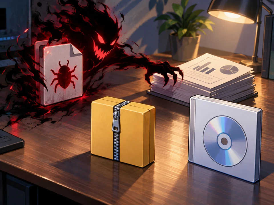 A malicious software shadow reaches toward data beside an ordinary closed archive and program disc.