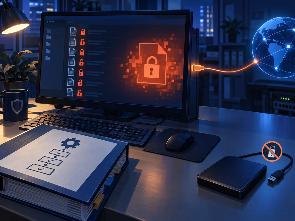 An affected workstation remains networked while a separate recovery drive waits unused.