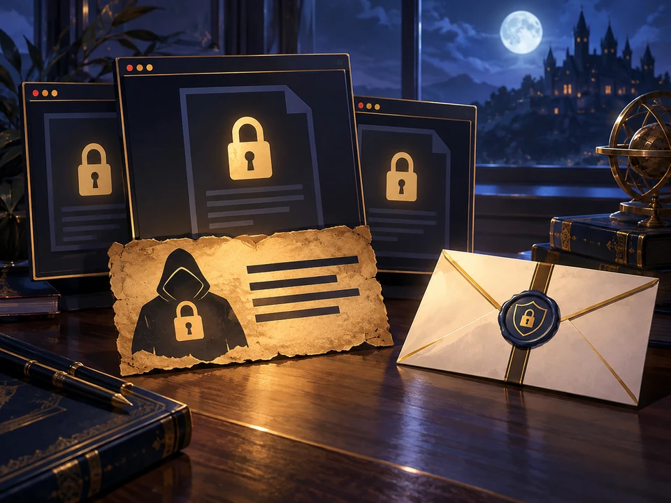 A ransom demand and locked files contrast with a legitimate encrypted envelope.