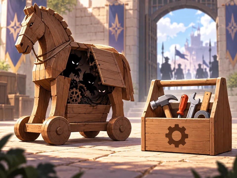 Dark mechanisms hide inside a wooden horse beside an ordinary tool box.