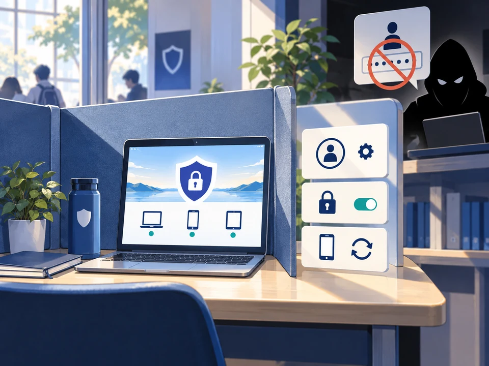 A recovery terminal has session and account-setting cards behind a privacy screen.