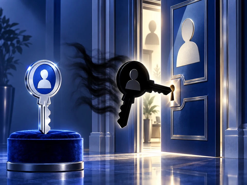 A shadow copy of an account key enters its owner’s door while the original key remains.