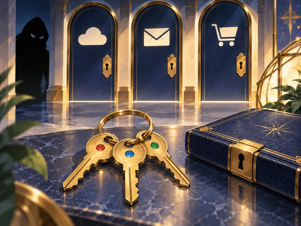A shared key ring lies before cloud, email, and shopping account doors.