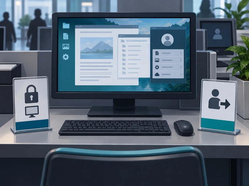 A departed user’s shared terminal stands beside separate lock-screen and sign-out symbols.