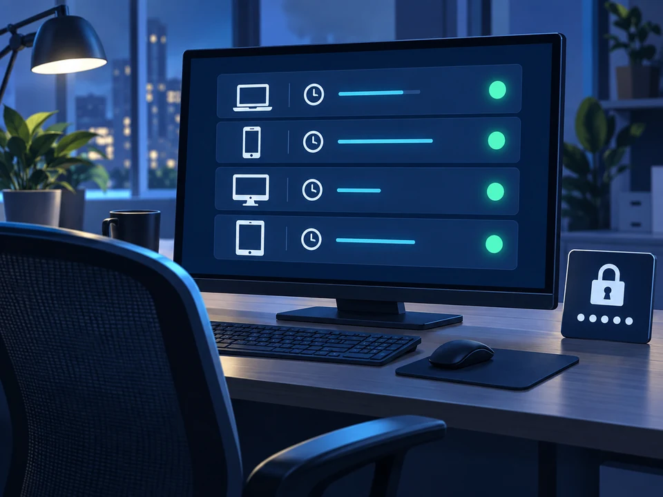 Active device sessions and their start times appear on a screen at an empty desk.