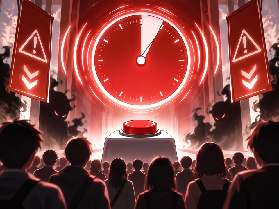 A countdown and an unpressed button tower above a waiting crowd.