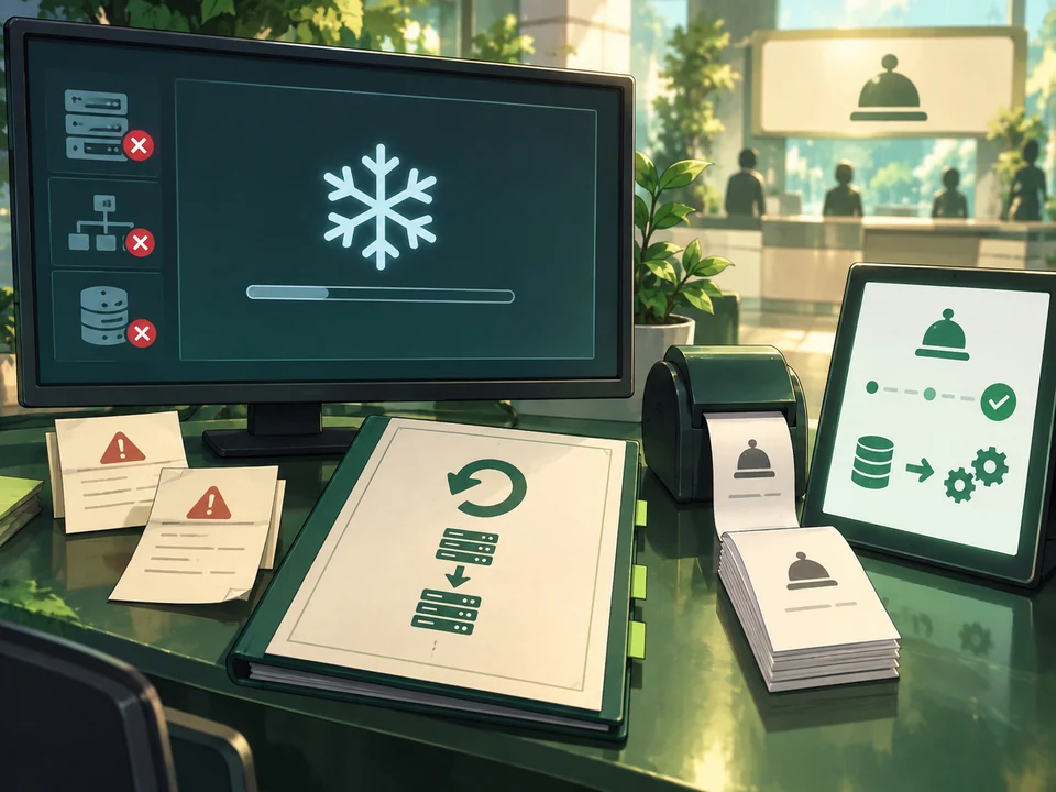 A frozen reception screen stands beside a rollback plan, preserved errors, and queue tickets.