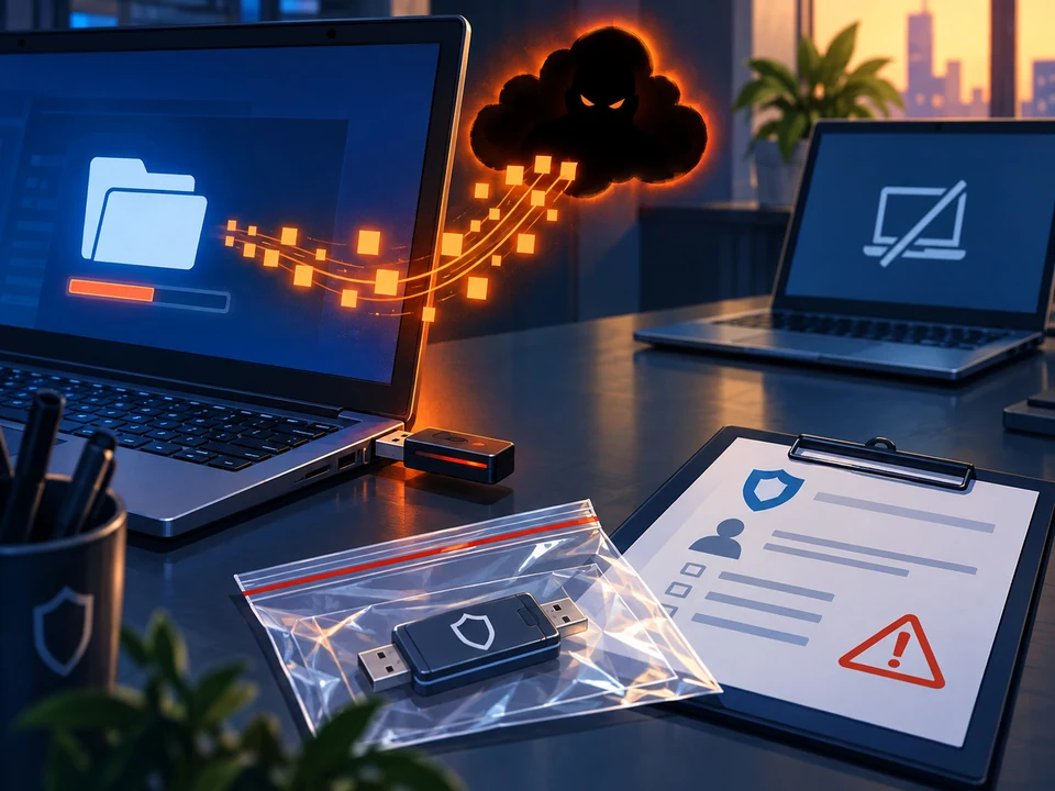 An unknown USB is attached during an outgoing transfer; preservation materials and a separate computer wait nearby.