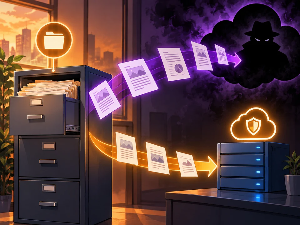 Document copies leave a still-full cabinet toward an unknown recipient beside a separate backup route.