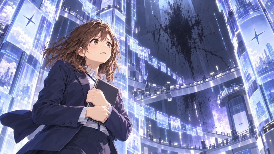 Mana holds her notebook beneath luminous information towers and bridges in Cybarin.