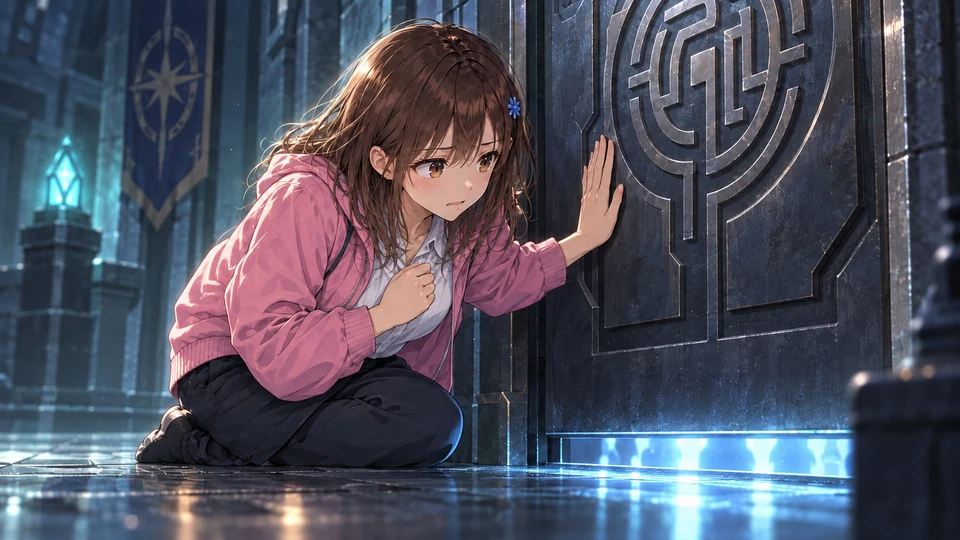 Mana crouches alone against a closed maze door, with a faint blue glow beneath it.