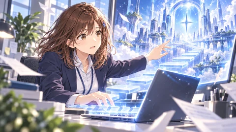 Mana, in a navy work suit, watches a luminous passage rise from her office computer.