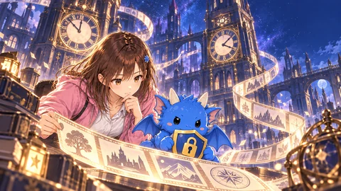 Two clock towers and a stream of records surround Mana in the Log Archive District.