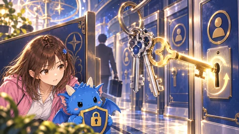 A spare-key ring stands before several account doors.