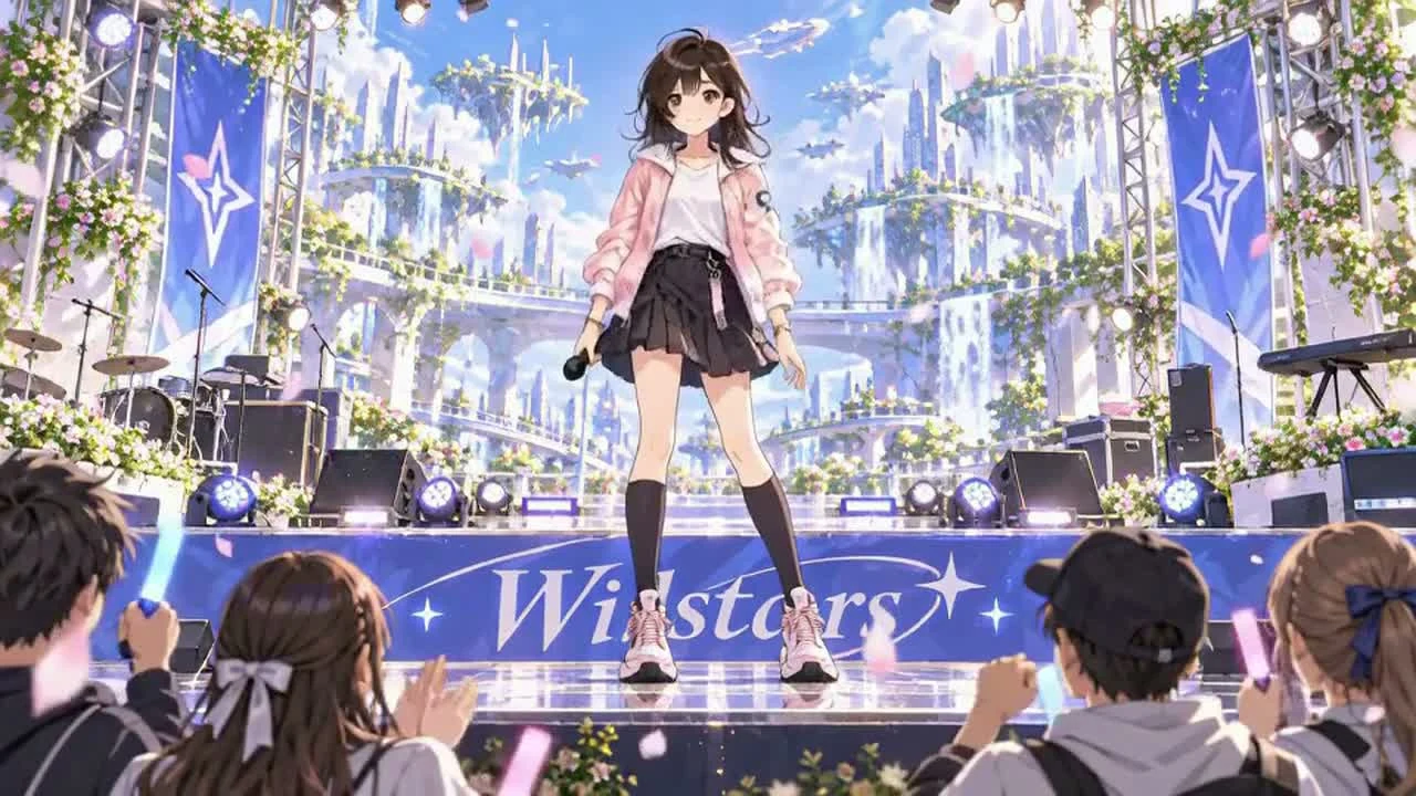 サイバリンの明るい舞台でウイルスターズのOpeningを歌うマナ