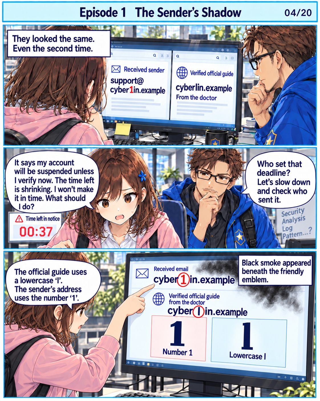 Episode 1, page 4. Mana compares a received sender with independently verified official information. A lowercase l and the digit 1 differ. A deadline makes her feel rushed.