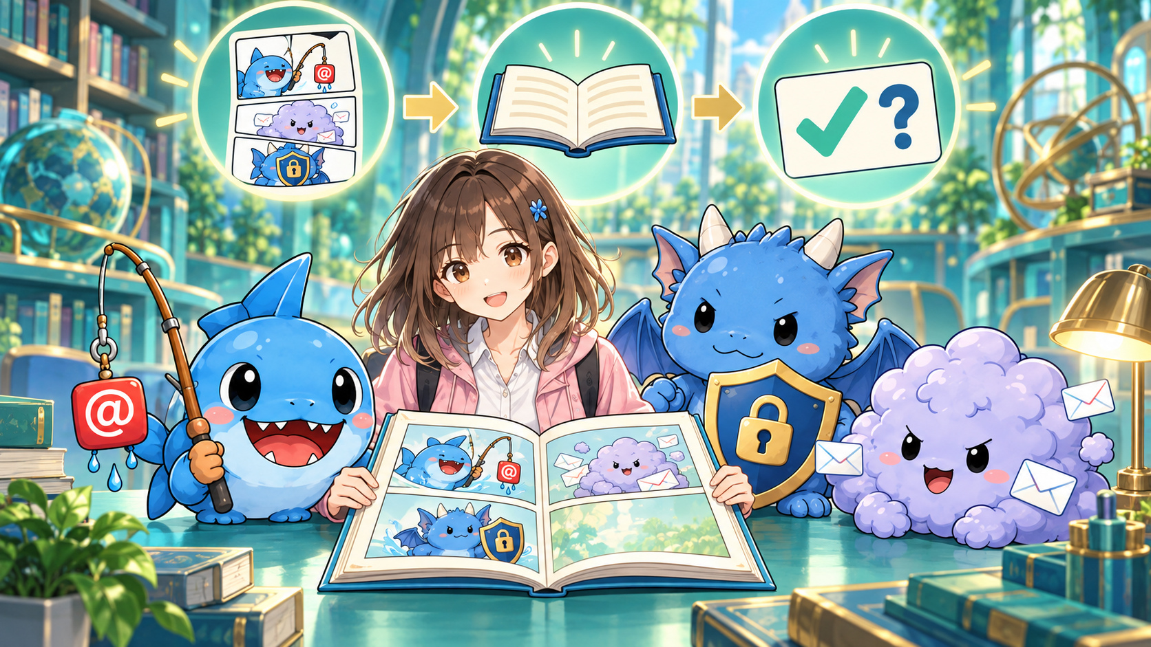 マナ、フィッシングン、スパムール、セキュドンが専門用語を漫画から学ぶ