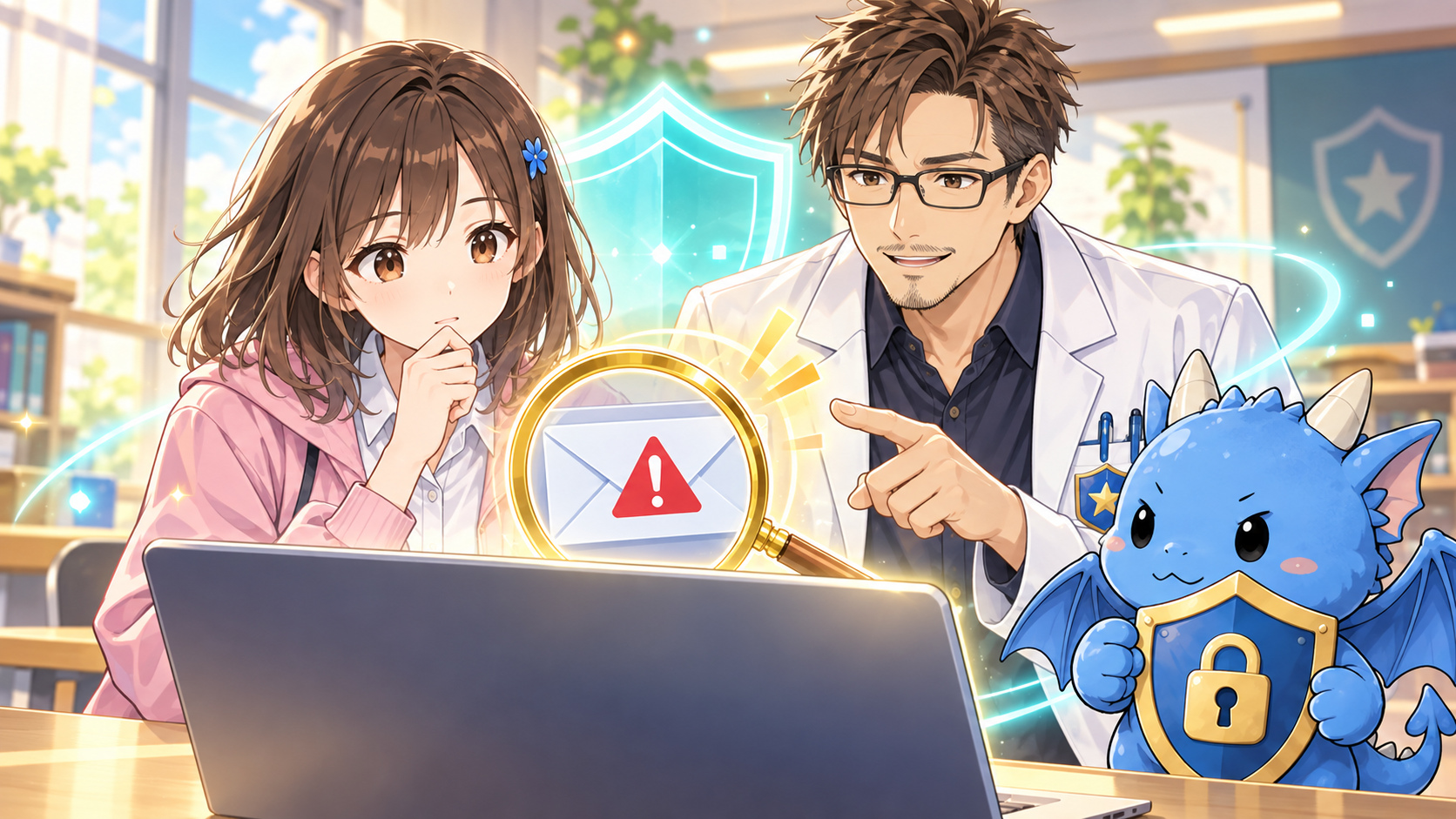 Mana and Dr. Tokimoto examine an email with Securidon