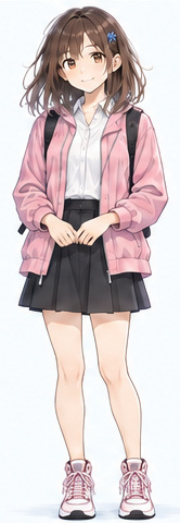 ピンクのパーカーと黒いスカート、青い花の髪留めを着けたマナ